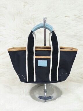 Coach Mini Tote Bag Black Nylon Leather Trim Striped Handles Purse